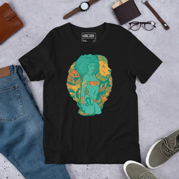 Black Leo t-shirt featuring turquoise and orange Amazonian warrior zodiac line art design on front