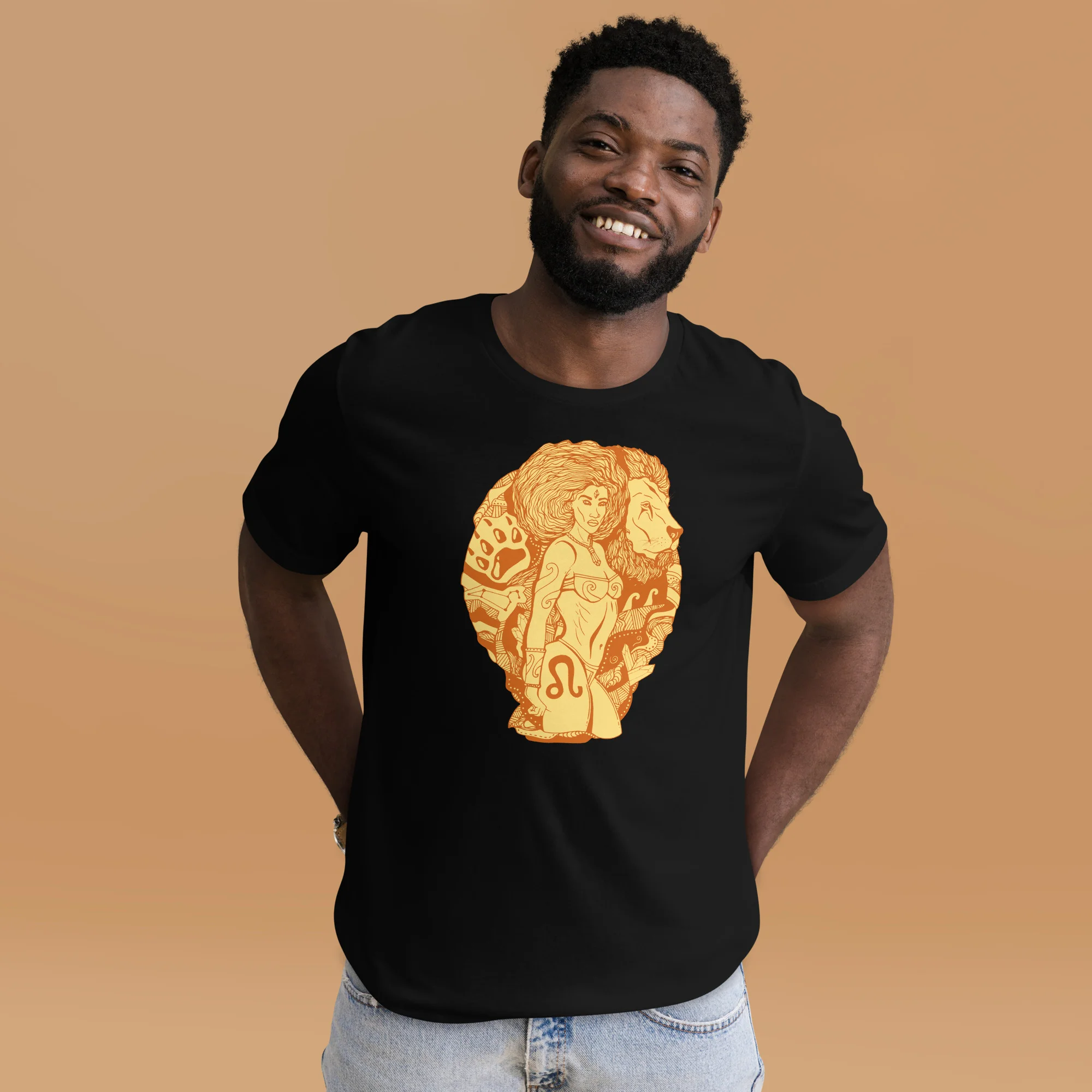 Man wearing black leo t-shirt with terracotta zodiac warrior artwork on chest against tan background