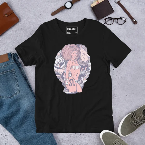 Black leo t-shirt featuring an artistic Amazonian warrior zodiac design with pink and purple illustration on chest
