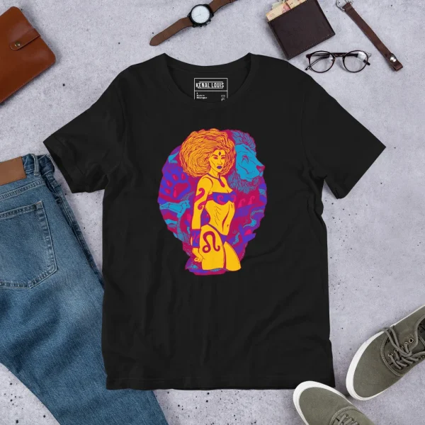 Black leo t-shirt with vibrant yellow, purple, and blue triadic zodiac graphic featuring a fierce woman figure