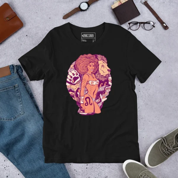 Black leo t-shirt featuring colorful zodiac warrior artwork with lion and female figures in pink and purple tones