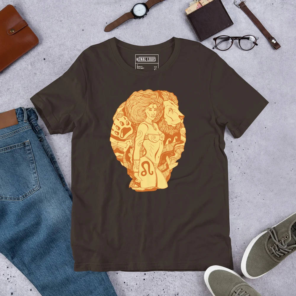 Brown leo t-shirt featuring terracotta zodiac warrior artwork with golden female figures and lion symbolism