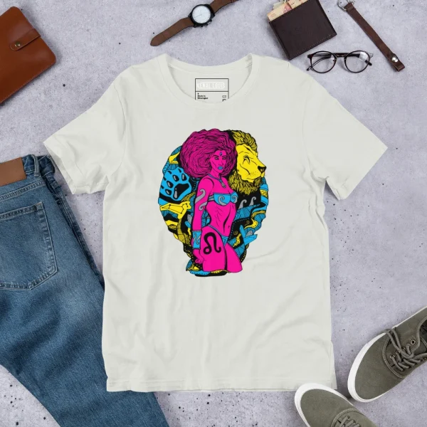 Cream leo t-shirt featuring vibrant CMYK zodiac design with woman and lion imagery