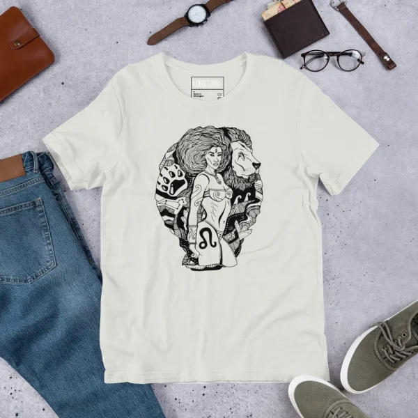 Cream leo t-shirt featuring black line art of an Amazonian warrior woman with a lion and zodiac symbol