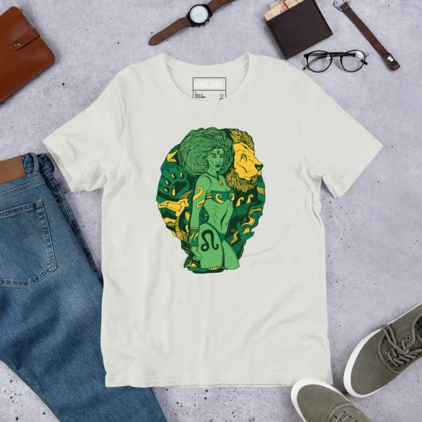 Cream leo t-shirt featuring green and gold Amazonian warrior zodiac artwork with lion and woman design