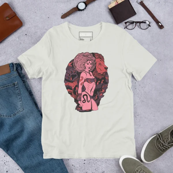 Cream leo t-shirt featuring pink and burgundy zodiac warrior artwork with lion symbolism