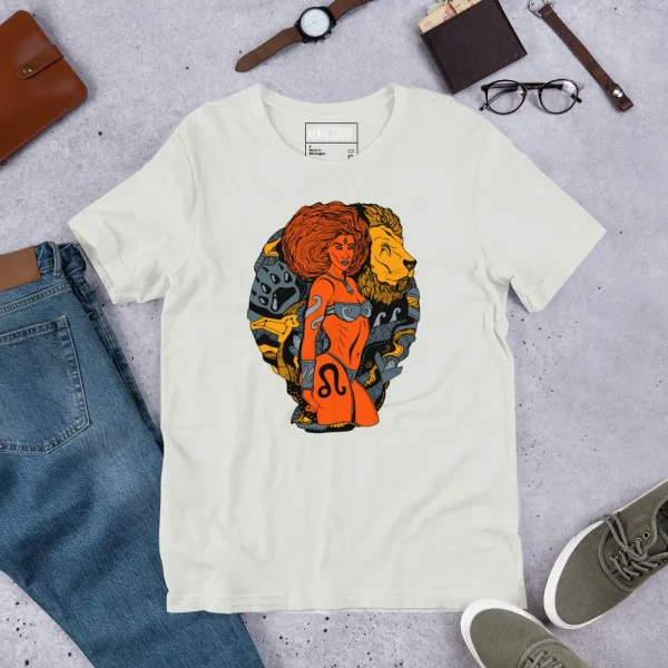 Cream leo t-shirt with orange and gold lion illustration and woman portrait design displayed flat lay