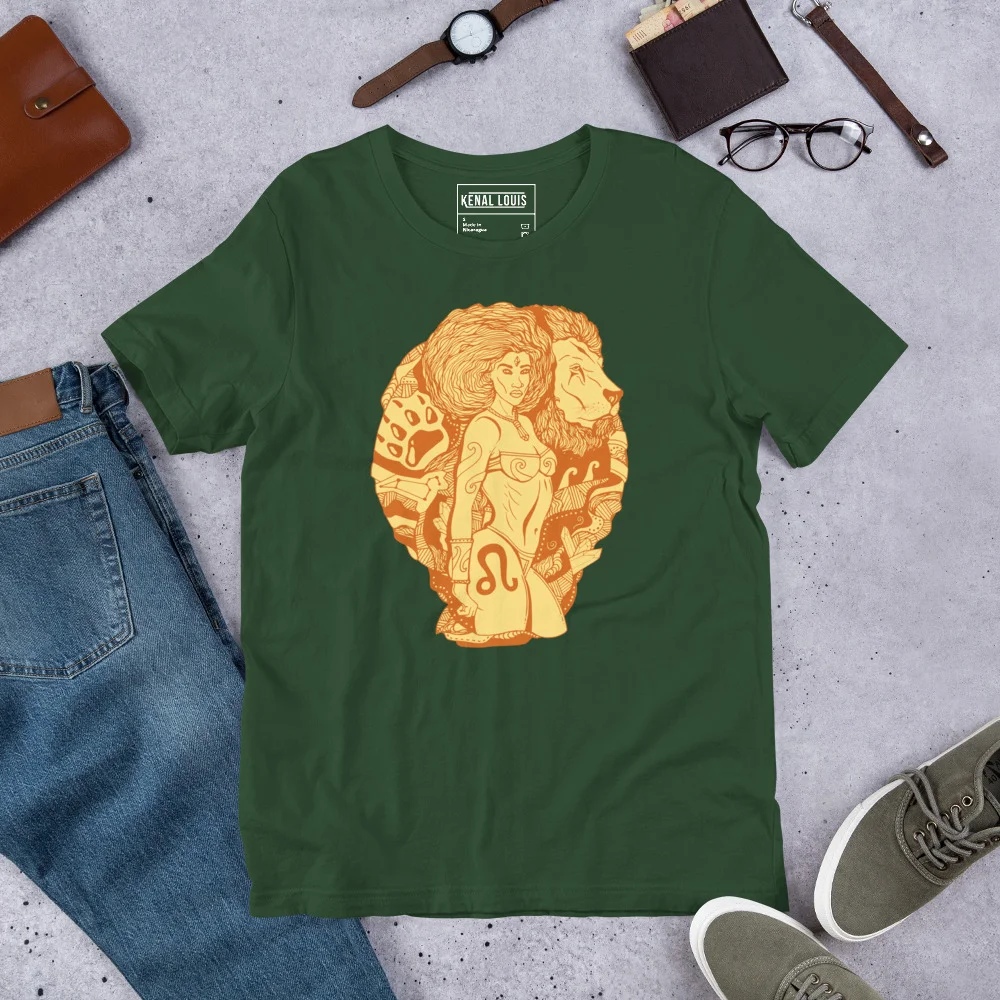 Forest green leo t-shirt featuring terracotta zodiac warrior artwork with golden lion and female figure design