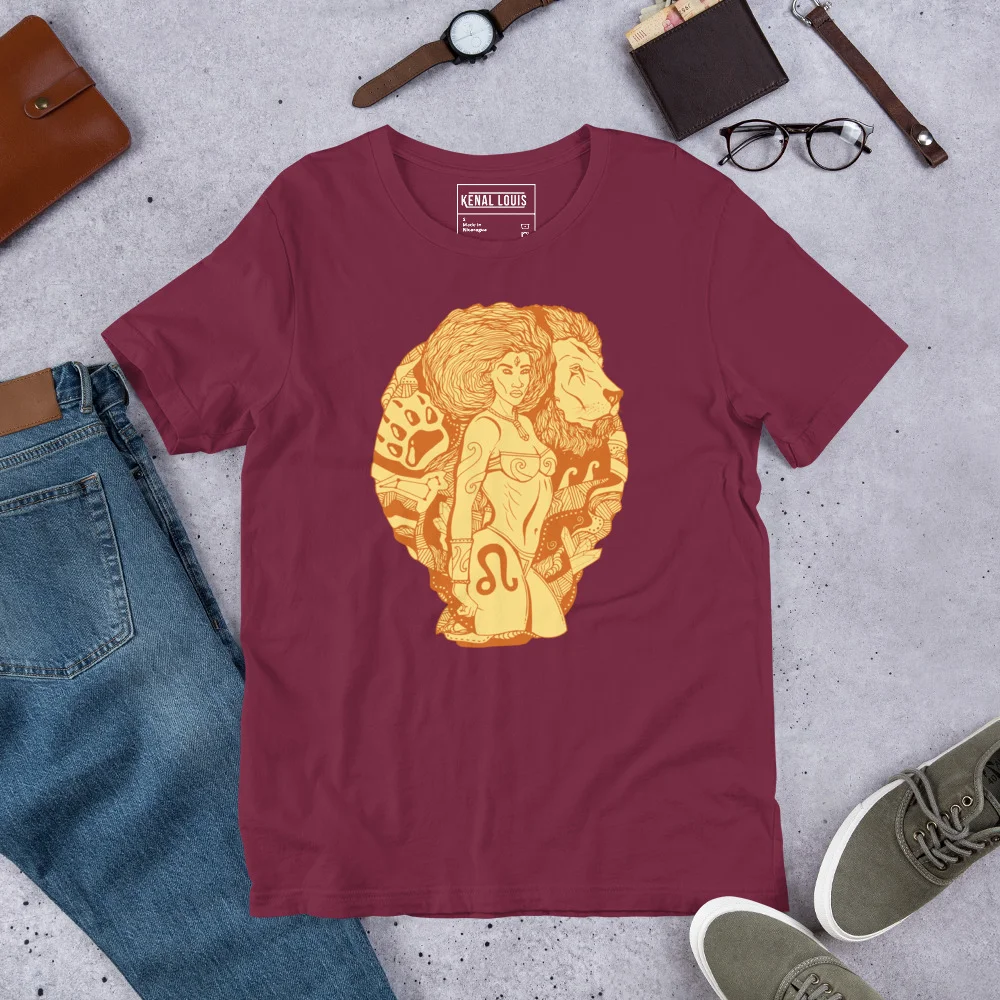 Maroon leo t-shirt with golden terracotta zodiac warrior artwork on front