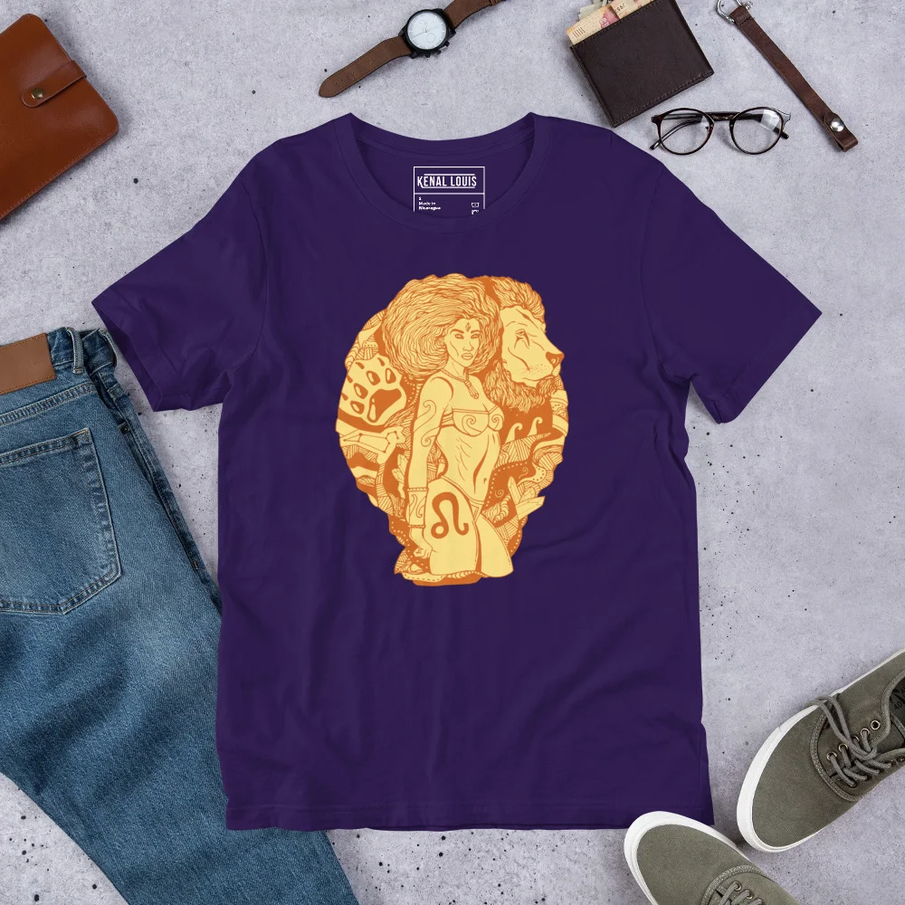 Purple leo t-shirt featuring terracotta zodiac warrior artwork with golden lion and female figures on chest