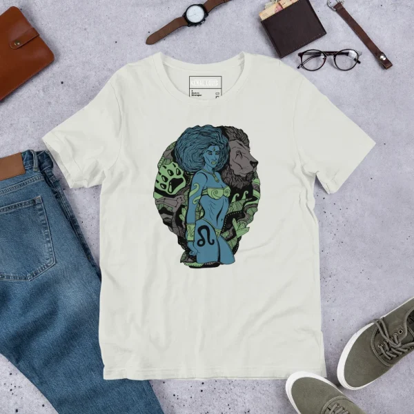 Cream leo t-shirt with blue and green zodiac warrior graphic featuring lion symbol on front
