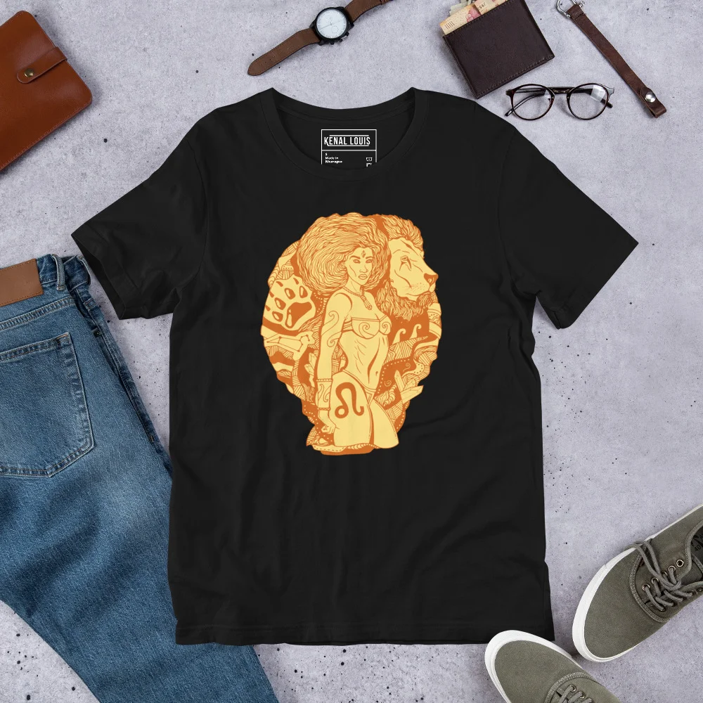 Black leo t-shirt featuring terracotta zodiac warrior artwork with fierce feminine figures and zodiac symbols