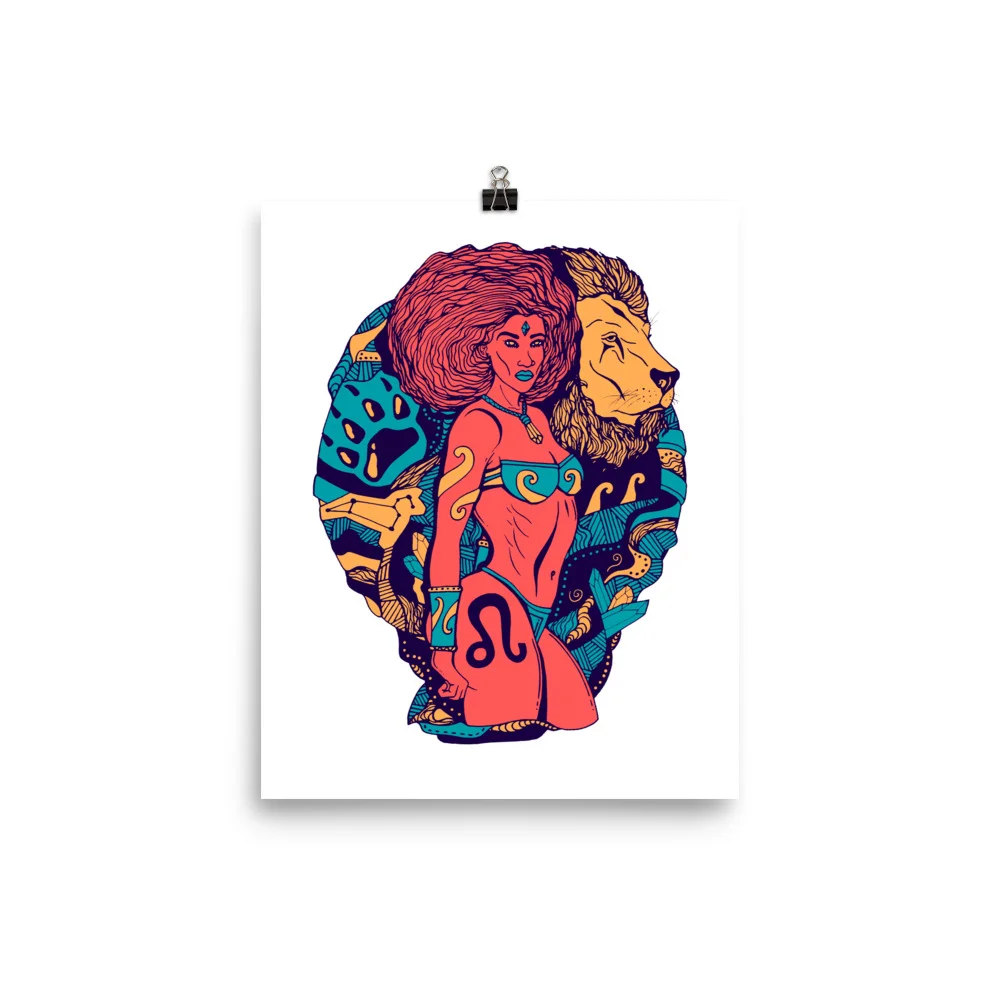 Leo zodiac art print featuring a warrior woman with red hair, lion, and blue leopard in vibrant retro colors