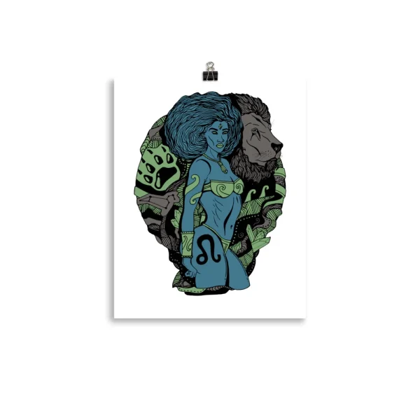 Leo zodiac art print featuring a blue-skinned warrior woman with lion and paw imagery in green and black tones.