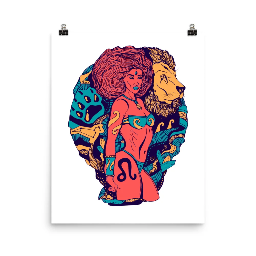 Leo zodiac art print featuring a warrior woman with red hair, lion, and peacock in vibrant retro colors on matte paper