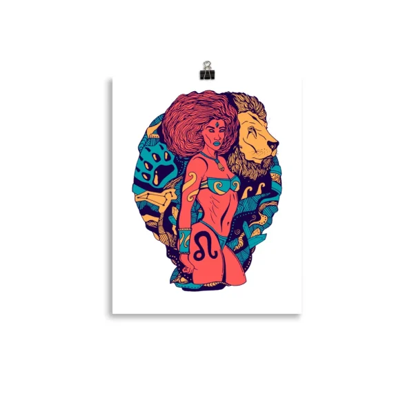 Leo zodiac art print featuring a bold retro warrior woman with lion and mystical teal elements on white background