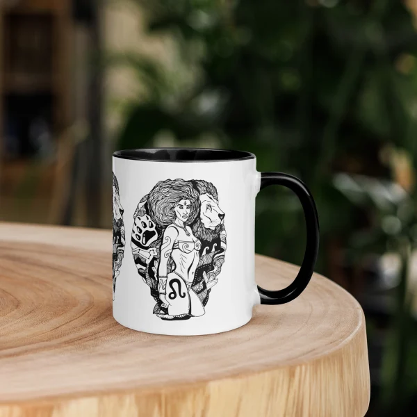 Leo zodiac mug for women featuring elegant line art of a woman with lion imagery and Leo symbol on white ceramic