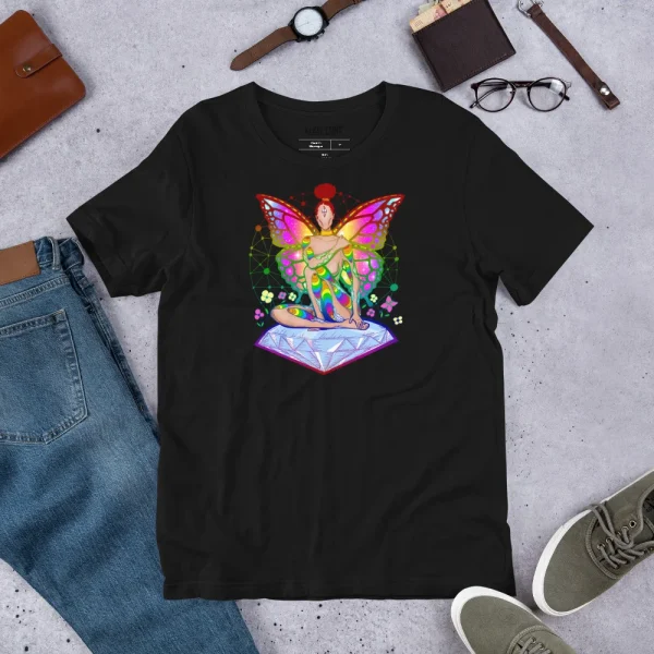 Black lesbian pride t-shirt featuring a colorful rainbow fairy design with vibrant wings and diamond detail, displayed flat lay with accessories.