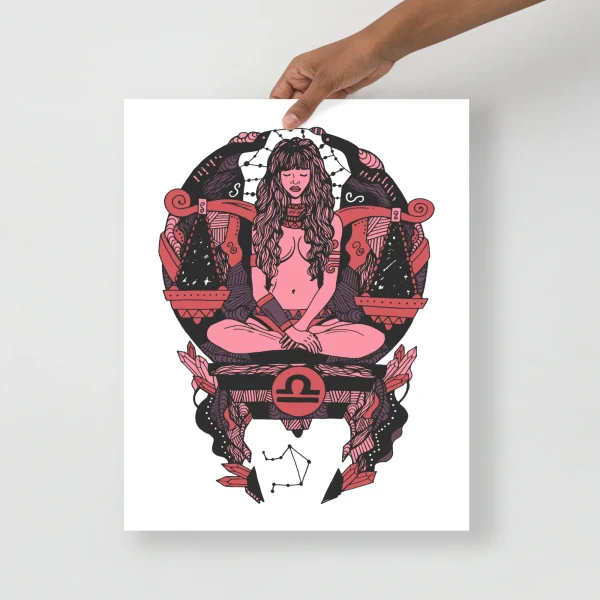 Libra art print featuring a seated figure in mauve rose tones with celestial and decorative elements symbolizing the zodiac sign.
