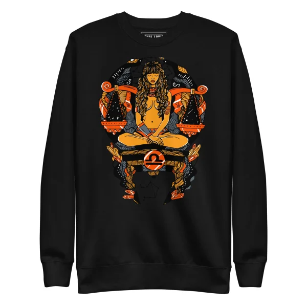 Black libra sweatshirt featuring orange and black zodiac artwork with mystical figure design