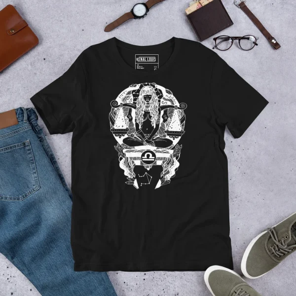 Black libra t-shirt featuring white line art zodiac graphic with scales symbol and ornate design