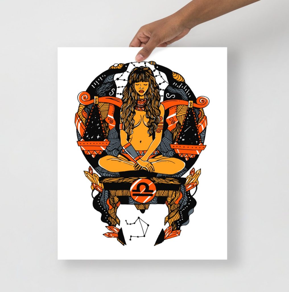 Black and orange libra art print bold zodiac line drawing with striking contrast