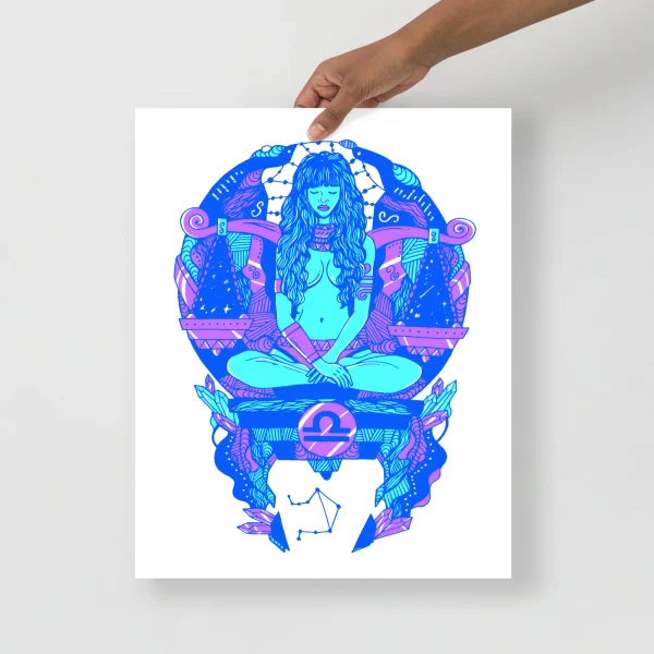 Blue and magenta Libra zodiac art print featuring a serene woman in cosmic meditation with celestial symbols and ornate patterns.
