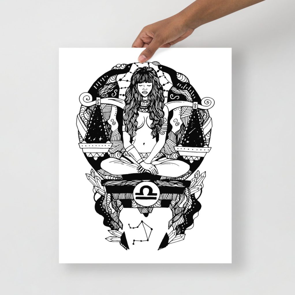 Celestial feminine libra zodiac art print featuring elegant cosmic balance scales motif