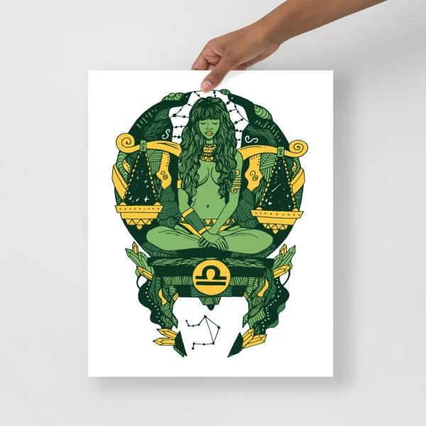Libra zodiac art print featuring a green goddess figure with gold scales and celestial symbols on white paper