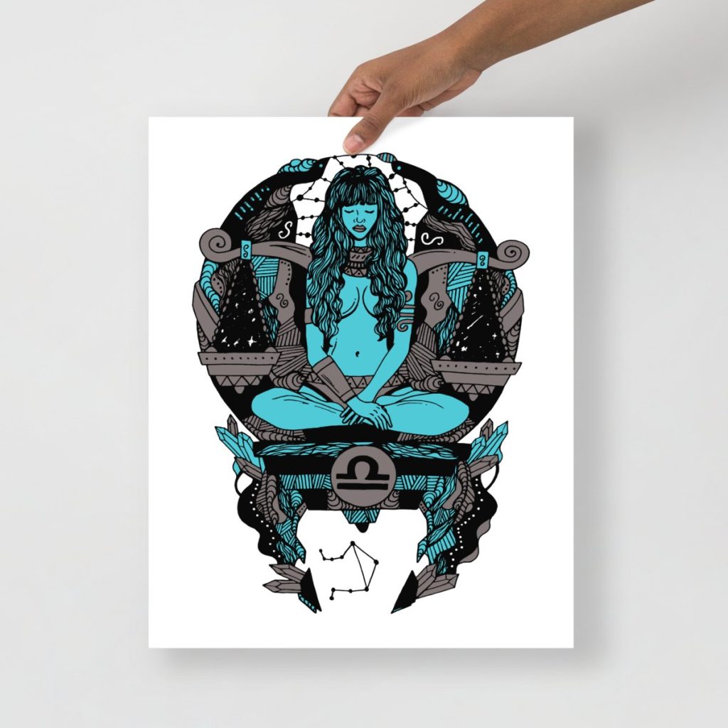 Blue zodiac beauty libra art print delicate wall drawing in cool sapphire hues