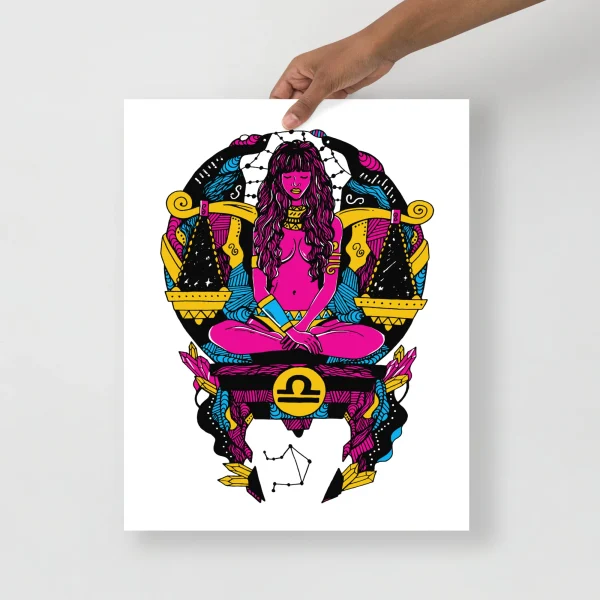 Libra zodiac art print featuring a pink CMYK beauty drawing of a woman in meditation with celestial symbols and scales