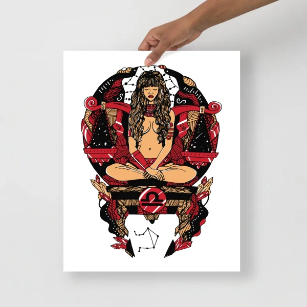 Libra zodiac art print featuring a woman with long dark hair in royal red and black ornamental design with celestial symbolism