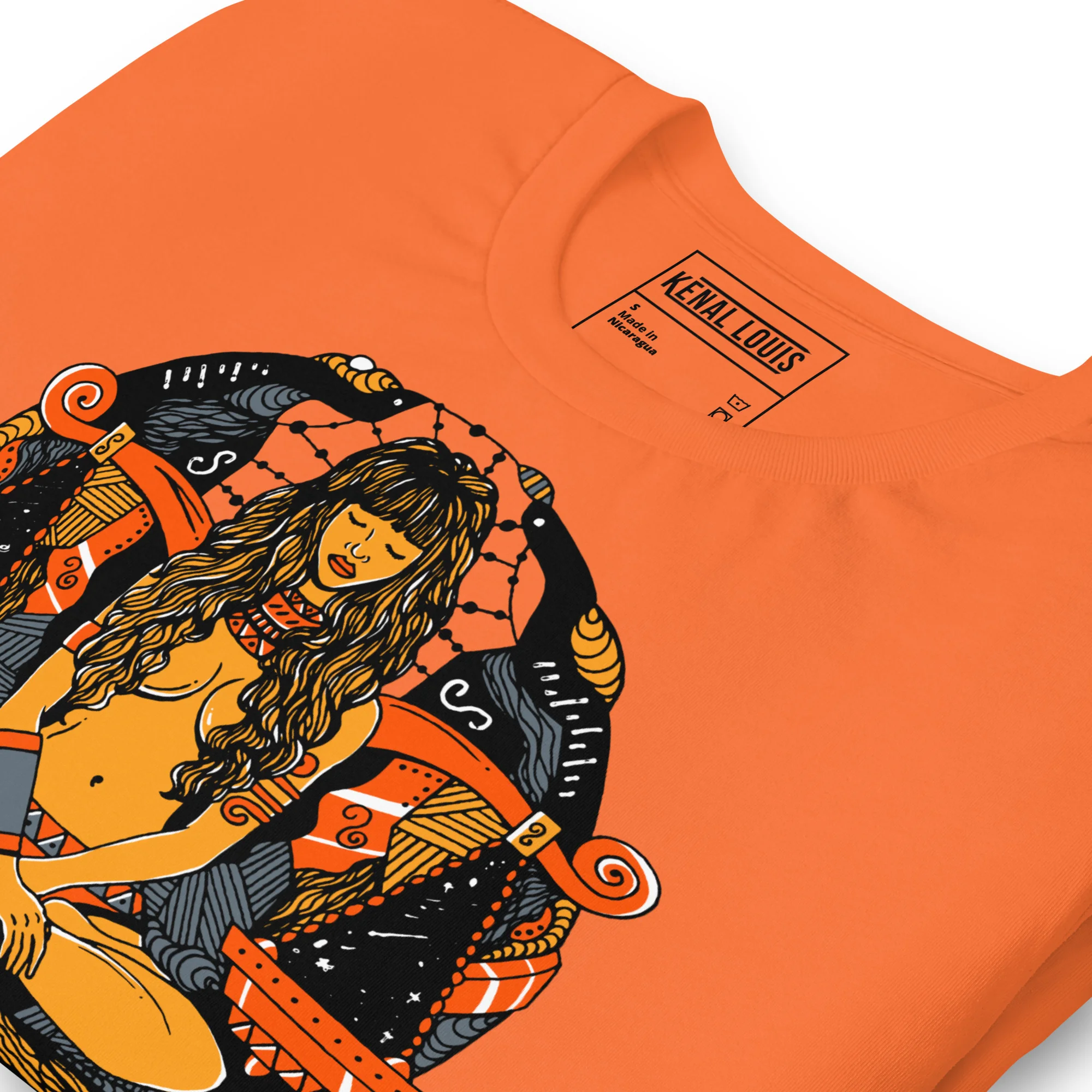 Orange and black Libra zodiac t-shirt featuring a stylized woman illustration with ornate celestial designs and bold graphic artwork