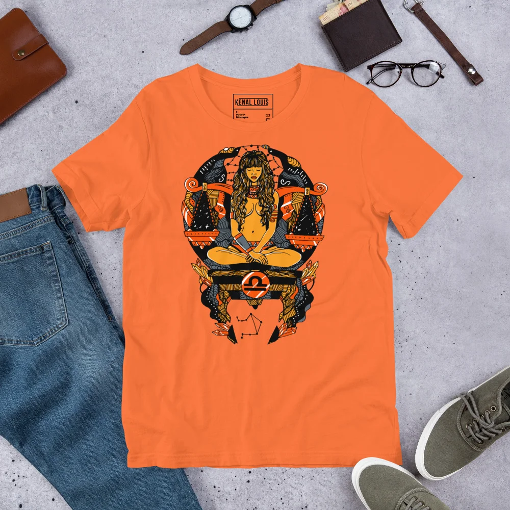 Orange and black Libra zodiac t-shirt featuring an artistic graphic design with a woman and zodiac symbols