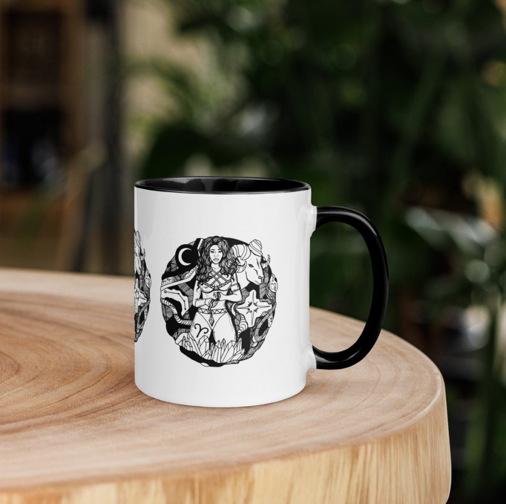 Aries zodiac line art mug featuring bold ram symbol on white ceramic