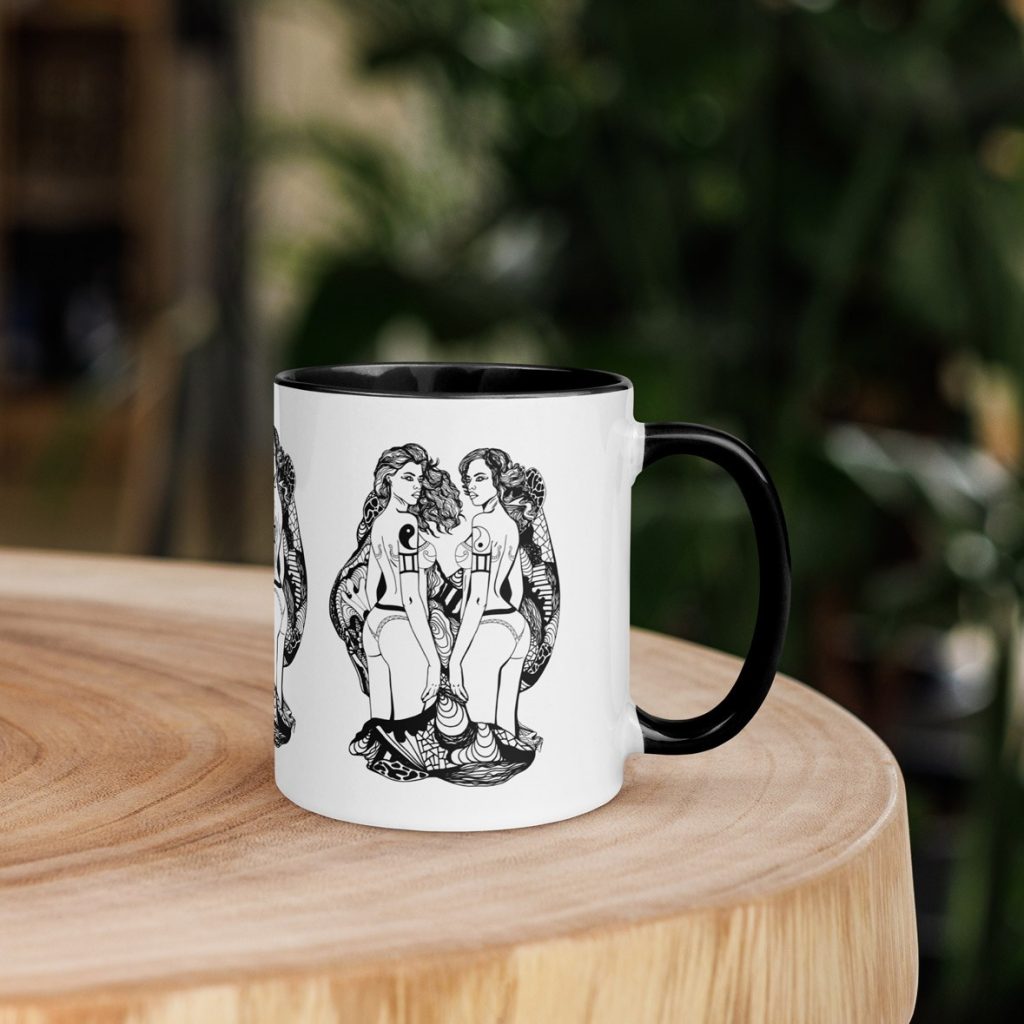 Elegant Gemini twins design on a line art coffee mug for women