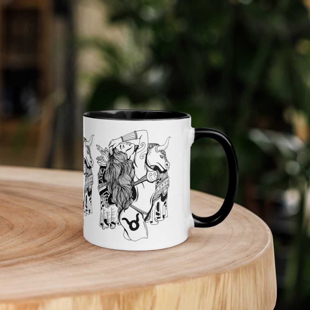 Taurus bull zodiac ceramic mug with delicate minimalist sketch artwork