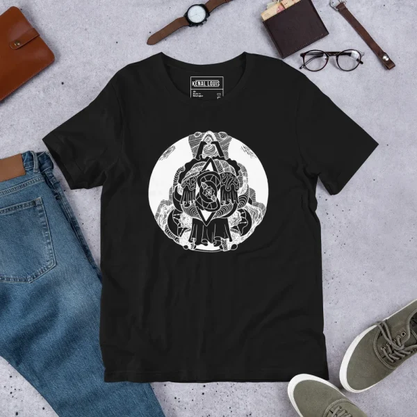 Black line art t-shirt featuring a white circular ornament graphic with intricate geometric patterns and symmetrical design