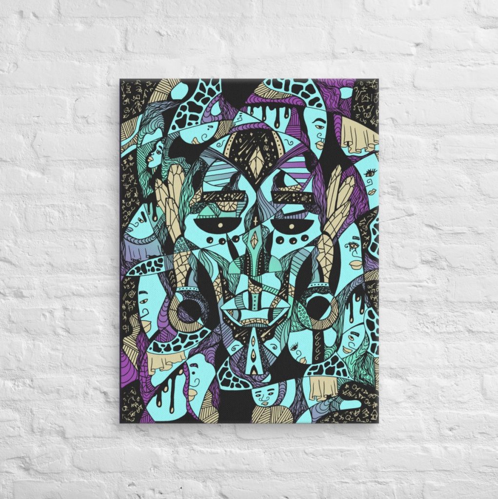 Purple-toned African mask canvas art with Atok and 12 tribe chiefs in regal hues