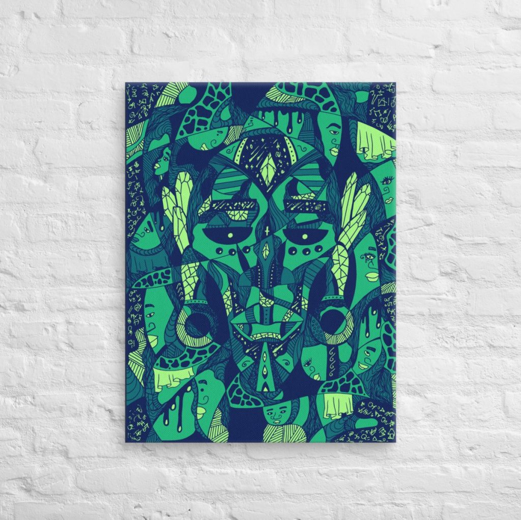 Green African mask canvas wall art with Atok and 12 tribe chiefs in earthy tones
