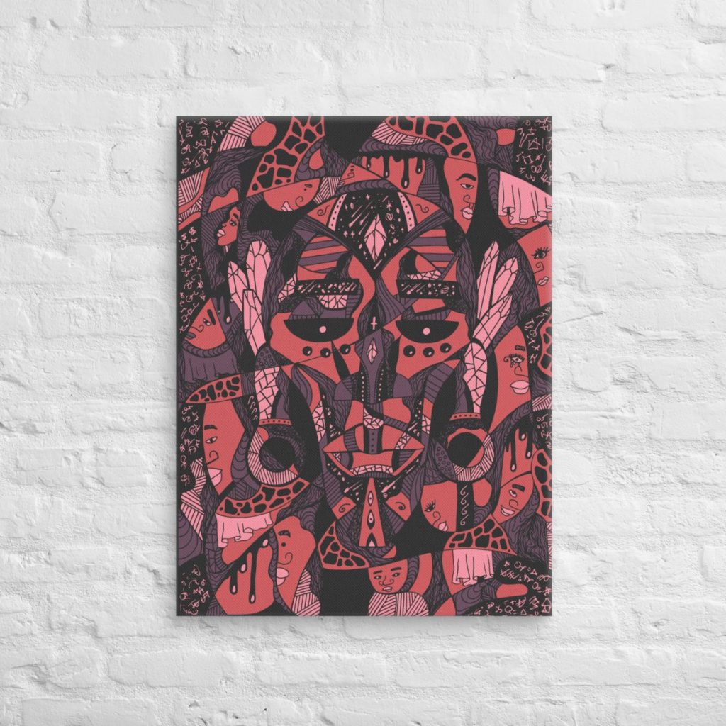 Detailed African mask canvas wall art depicting Atok and 12 tribe chiefs in striking design