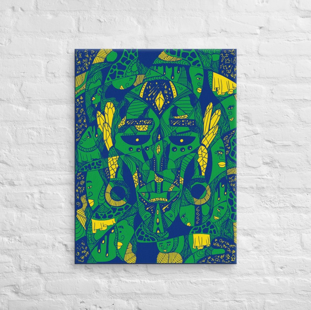 Brazil-inspired African mask canvas art showcasing Atok and 12 tribe chiefs in vibrant colors