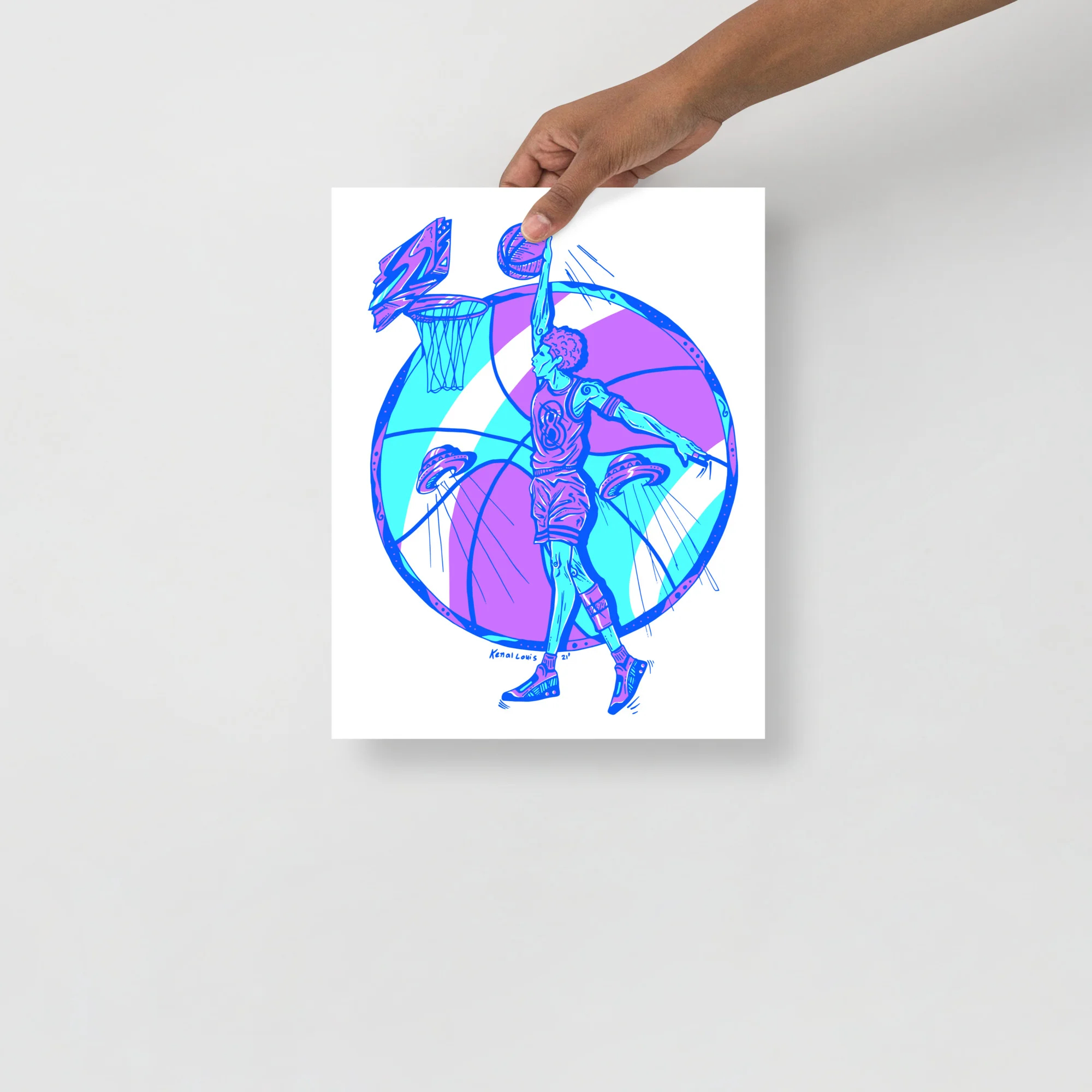 Retro magic 8 ball art print featuring a neon blue and magenta basketball player design with geometric shapes on white background