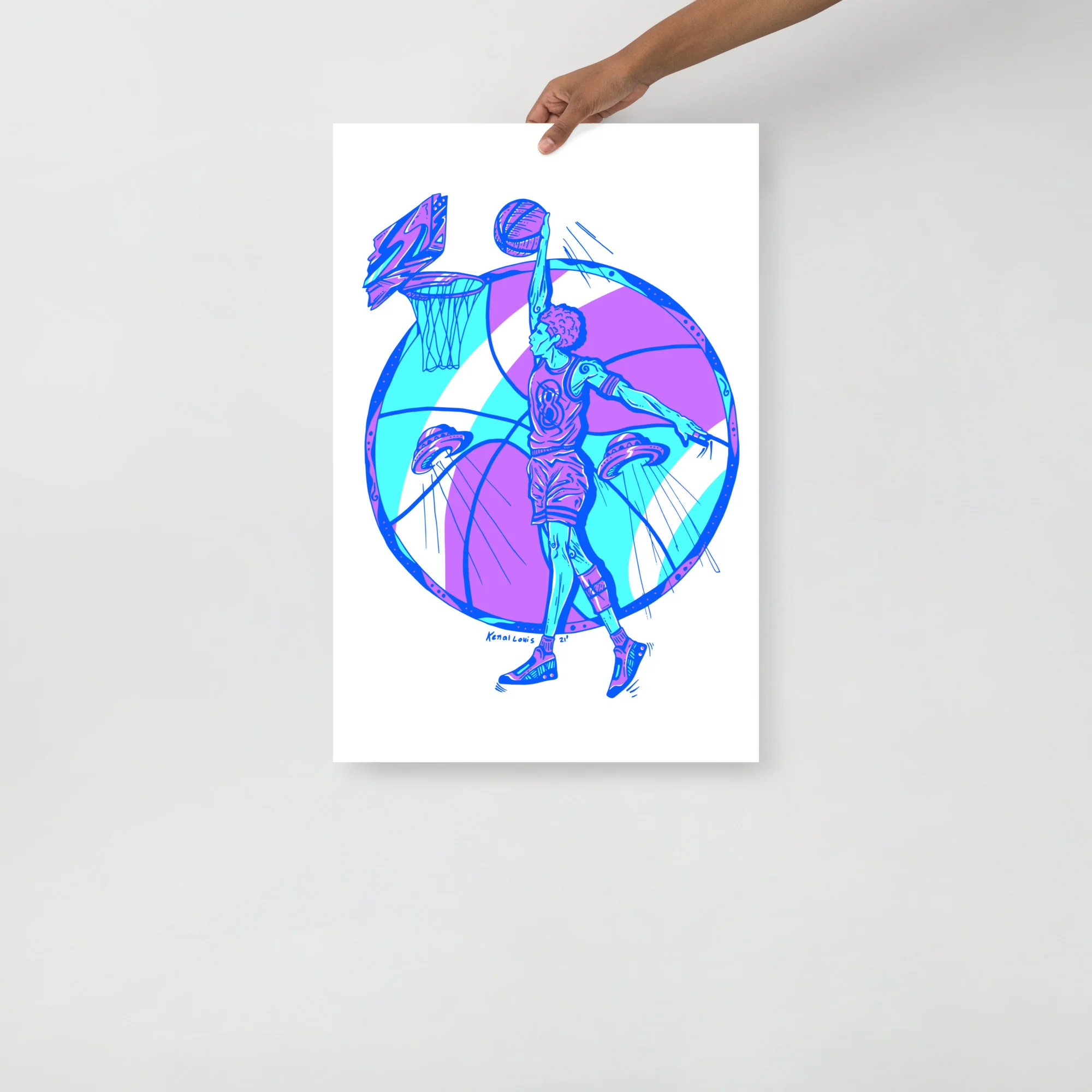 Retro magic 8 ball art print featuring bold blue and magenta neon illustration of a basketball player with geometric design on white background.