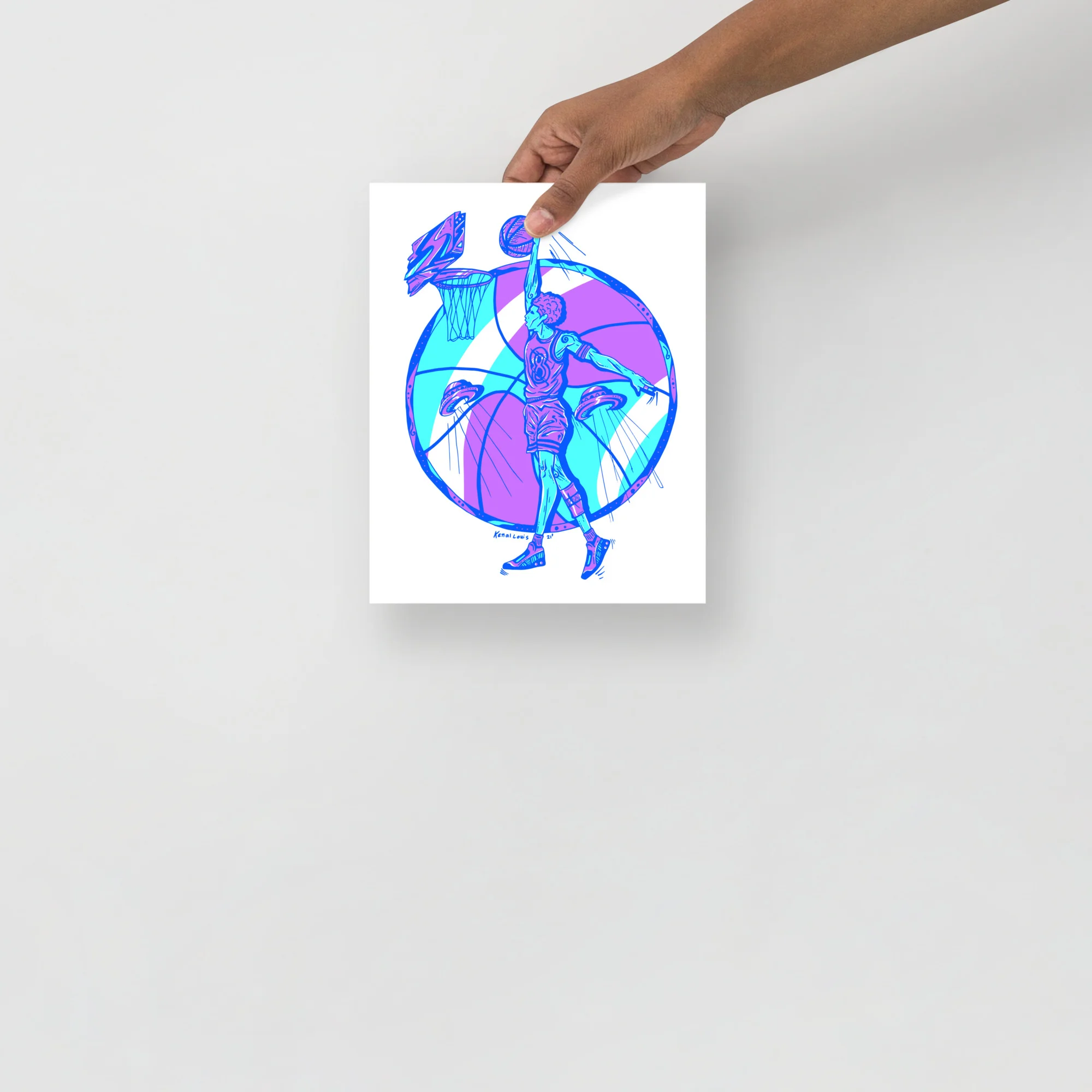 Vibrant magic 8 ball art print featuring a blue and magenta figure holding a glowing orb with retro graphic design elements.
