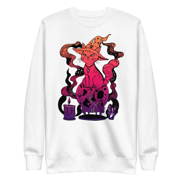 White magical cat sweatshirt featuring a fortune cat with witch hat surrounded by mystical elements and colorful gradient design