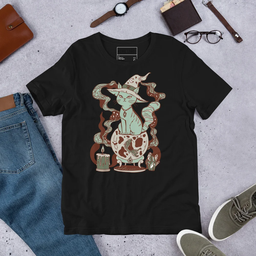 Black magical cat t-shirt featuring an ornate fortune cat illustration with muted earth tones and decorative elements