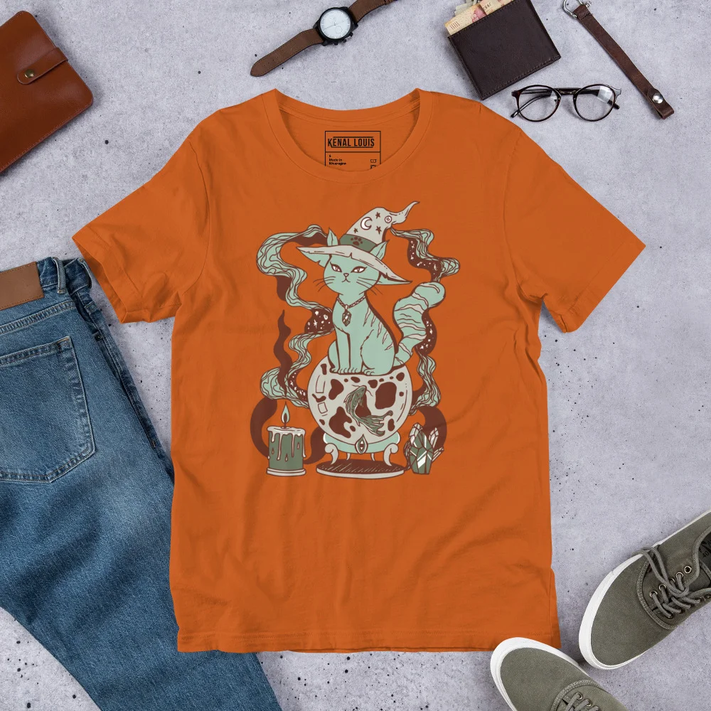 Orange magical cat t-shirt with fortune teller witch design and mystical symbols