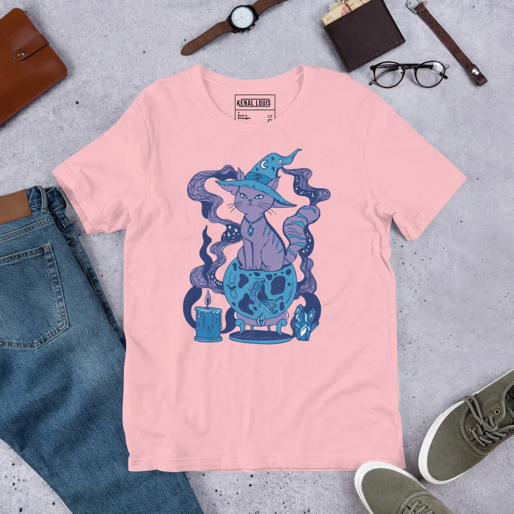 Pink magical cat t-shirt featuring a blue fortune cat design with mystical elements and crystal ball artwork