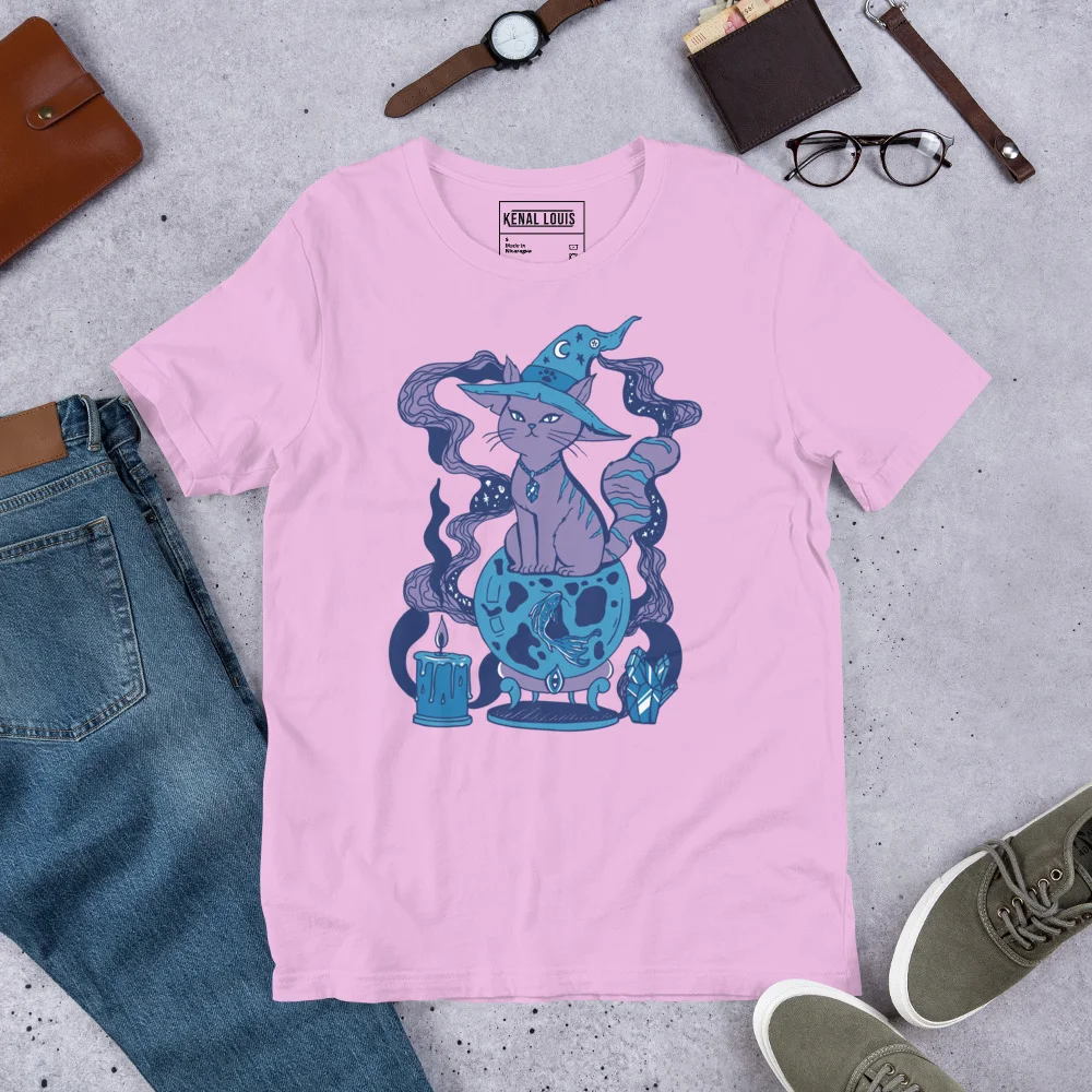 Pink magical cat t-shirt featuring a blue fortune cat design with mystical elements and mountain imagery